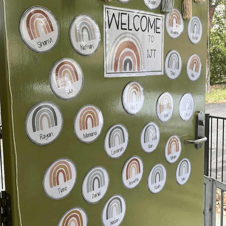 Two images show classroom doors with a plant design on the left and a rainbow design on the right.