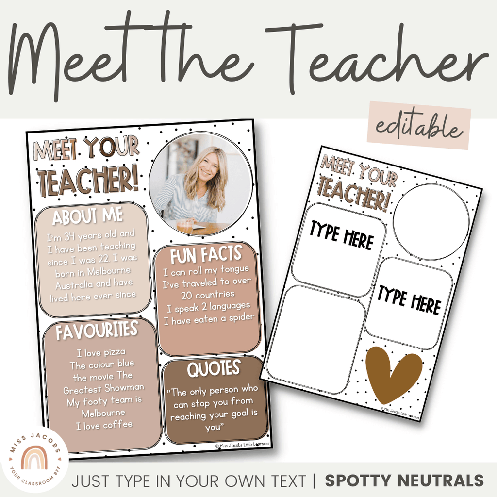 A graphic shows the Meet the Teacher design in neutral tones.