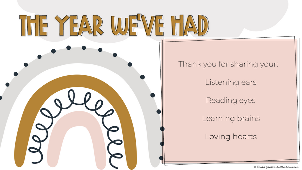 An image shows a slide graphic with a boho rainbow design and the heading ‘The Year We’ve Had.’ The pink text box reads ‘Thank you for sharing your listening ears, reading eyes, learning brains and loving hearts.’