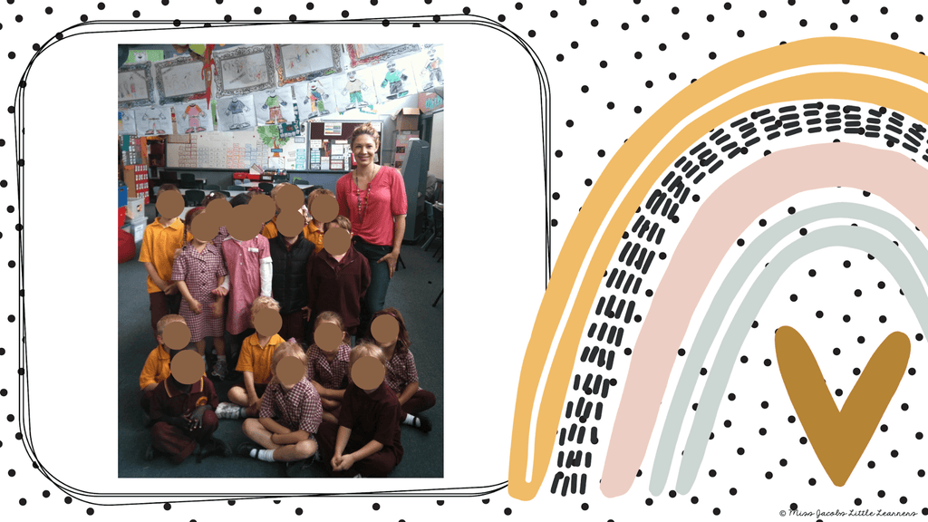 Another graphic shows a slide graphic that features a boho rainbow and small polka dots. There’s also a photo embedded of Miss Jacobs with a class, the students faces are covered for privacy.