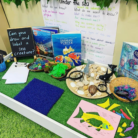 Two tables are covered with artificial turf. On top of them are a range of found materials and objects that bring to life the relevant books - with a sea life theme on the left, and a Three Little Pigs theme on the right.