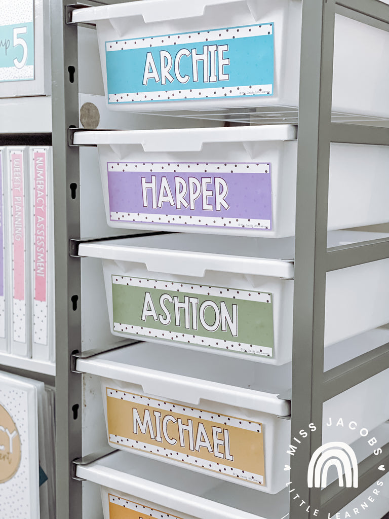 A Drawer Cart features a drawer per student, and the Spotty Brights Classroom Labels feature the names Archie, Harper, Ashton and Michael.