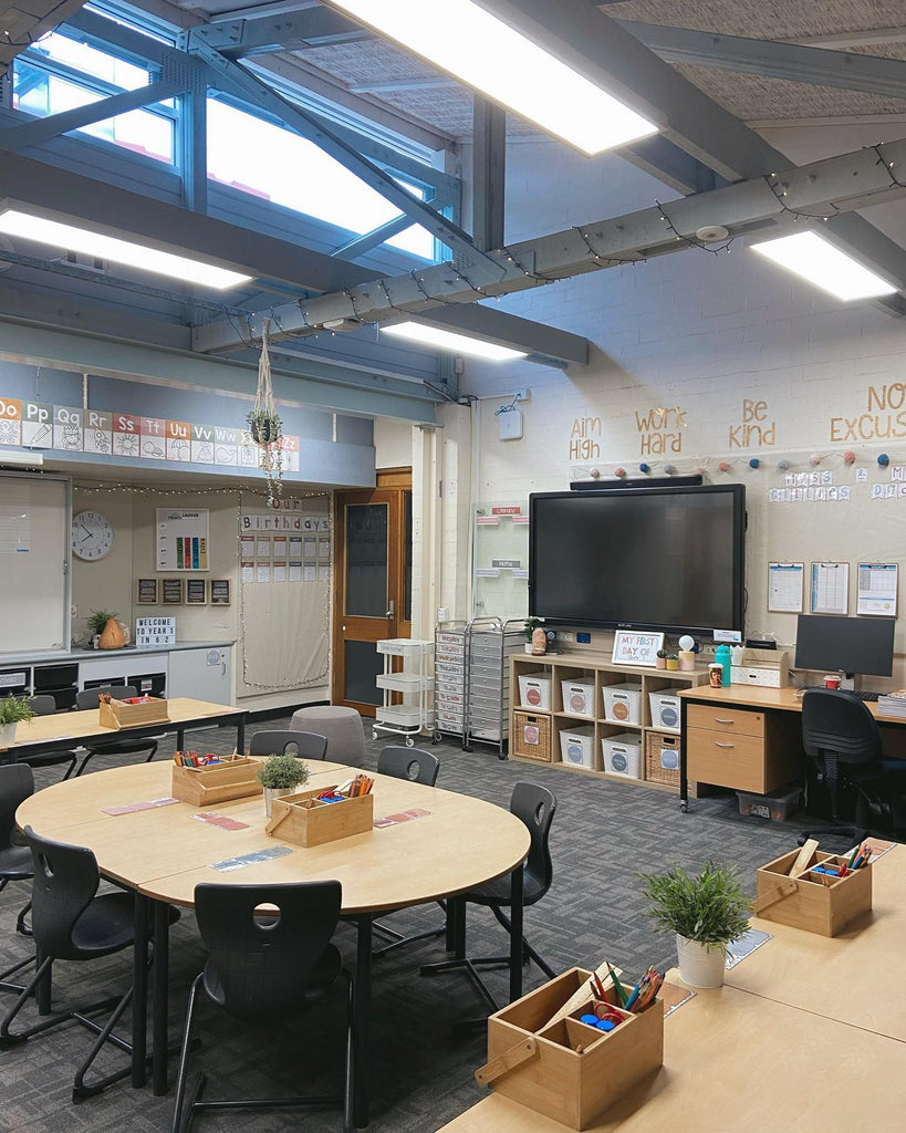 A wide shot of a classroom shows a few plywood tables, a skylight window and a number of Miss Jacobs decor items.