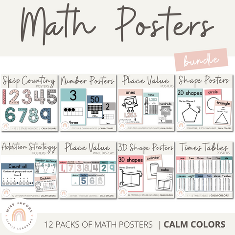 Modern Rainbow Calm Colors Math Posters Bundle | Classroom Number Line | Modern Class Decor | Miss Jacobs Little Learners | Editable