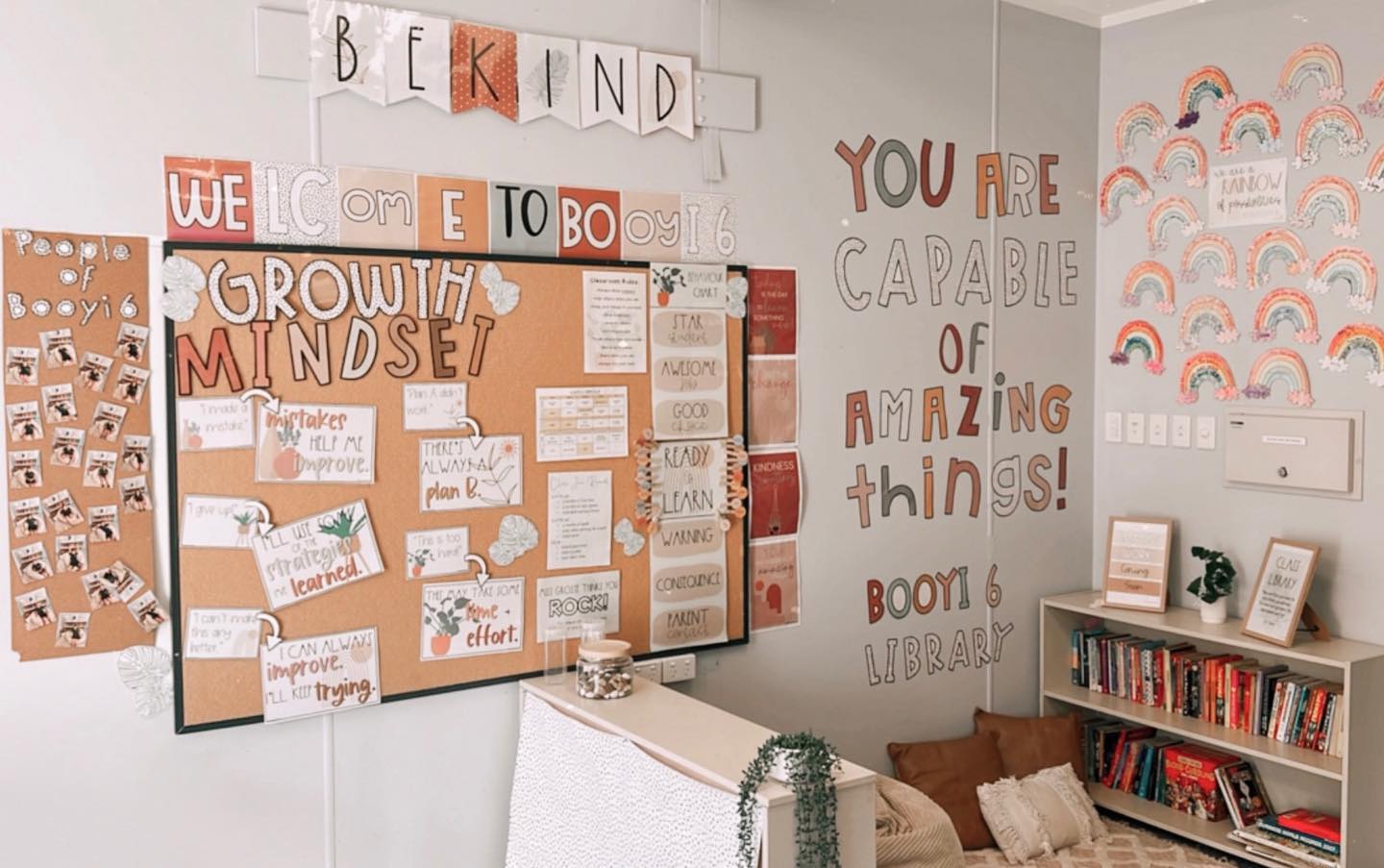 An image shows a classroom corner with a number of visual displays on the wall. The main ones are a Growth Mindset Display, and lettering that spells ‘You are capable of amazing things. ’