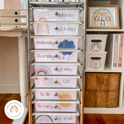 Teacher Trolley with Modern Boho theme labels.