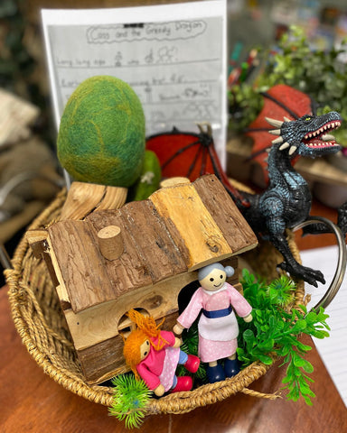 Two images show a selection of nature-themed items. In the left hand image, a prompt can be seen that says ‘What story can you create with these materials?’ Items include a mini frog, pelican, a tiny wooden house and a felt tree.