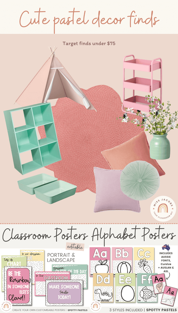 A graphic shows a collage of pastel-coloured decor items including a scalloped salmon coloured rug, cushions in pastel purple green and peach, a mint coloured shelf and a small pink tent.