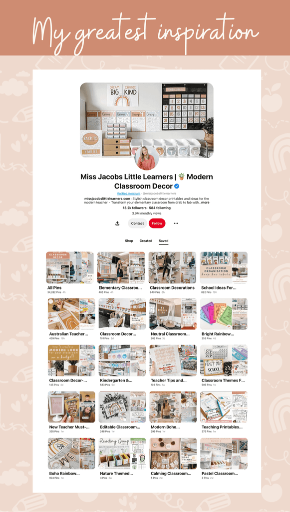 A graphic shows a screenshot of the Miss Jacobs Pinterest account.