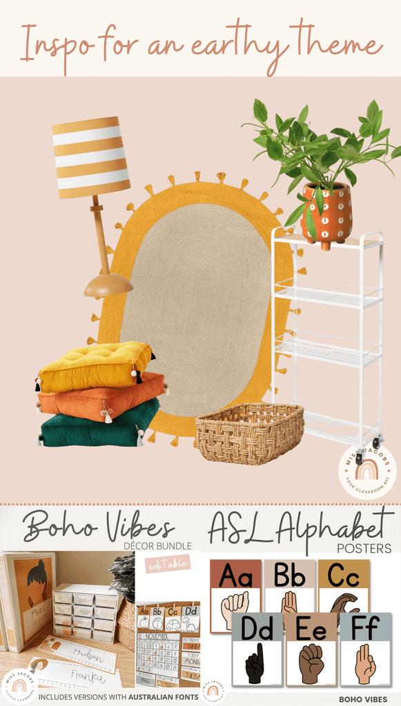 A graphic shows homewares in earthy neutral hues. It includes mustard-toned rugs and cushions, a wicker basket, a striped mustard lamp and a white teacher’s trolly.