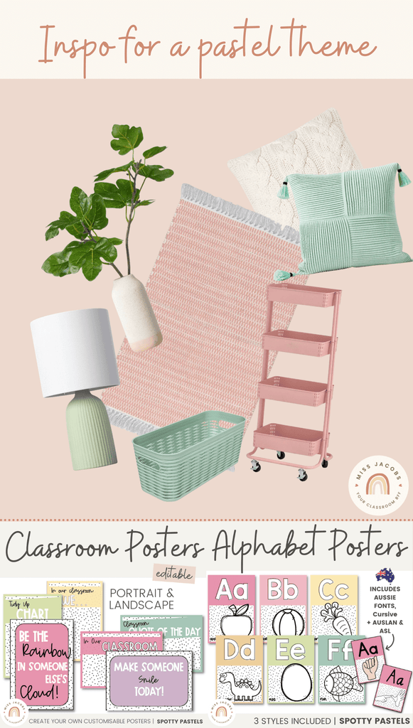 A graphic shows a collection of home decor items in pastel tones including a woven pink and white rug, mint and white cushions, and a mint basket in and a pink teachers’ trolley.