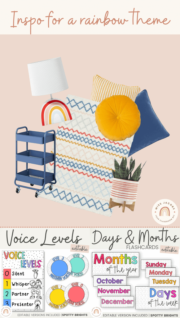 A graphic shows a collection of home decor items in rainbow tones including a white rug with zigzags, a blue trolley cart, a rainbow table lamp and mustard-coloured cushions. Tones of navy, mustard and red run throughout the items.