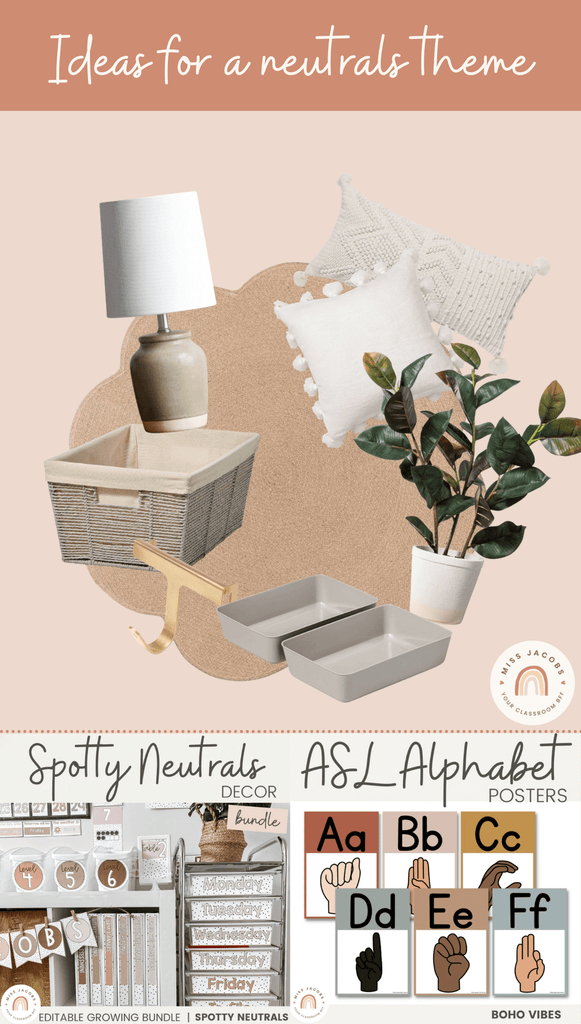 A graphic shows a collection of home decor items in neutral tones including a jute style rug, white and beige cushions and a woven basket in a grey rope.