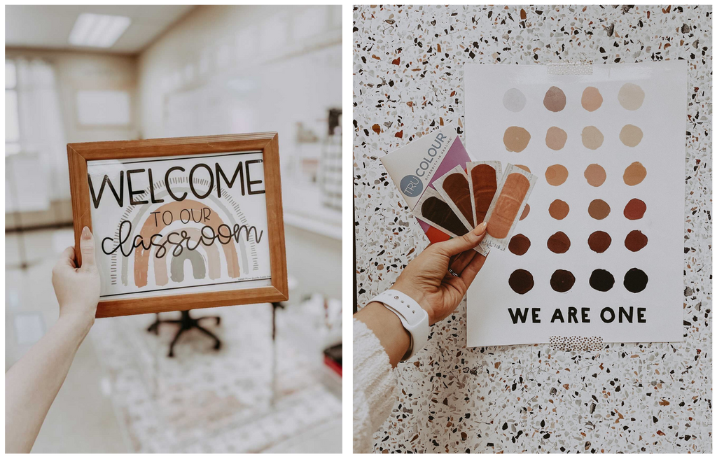 Two photos are displayed side by side. In the first, a hand holds a wooden frame with the words ‘Welcome to our classroom’ over a Boho Rainbow. In the background, you can see a light coloured classroom. In the second, a hand holds a range of bandaids for differing skins tones, in front of a sign that says ‘We are one’ with circles representing a range of skin tones.