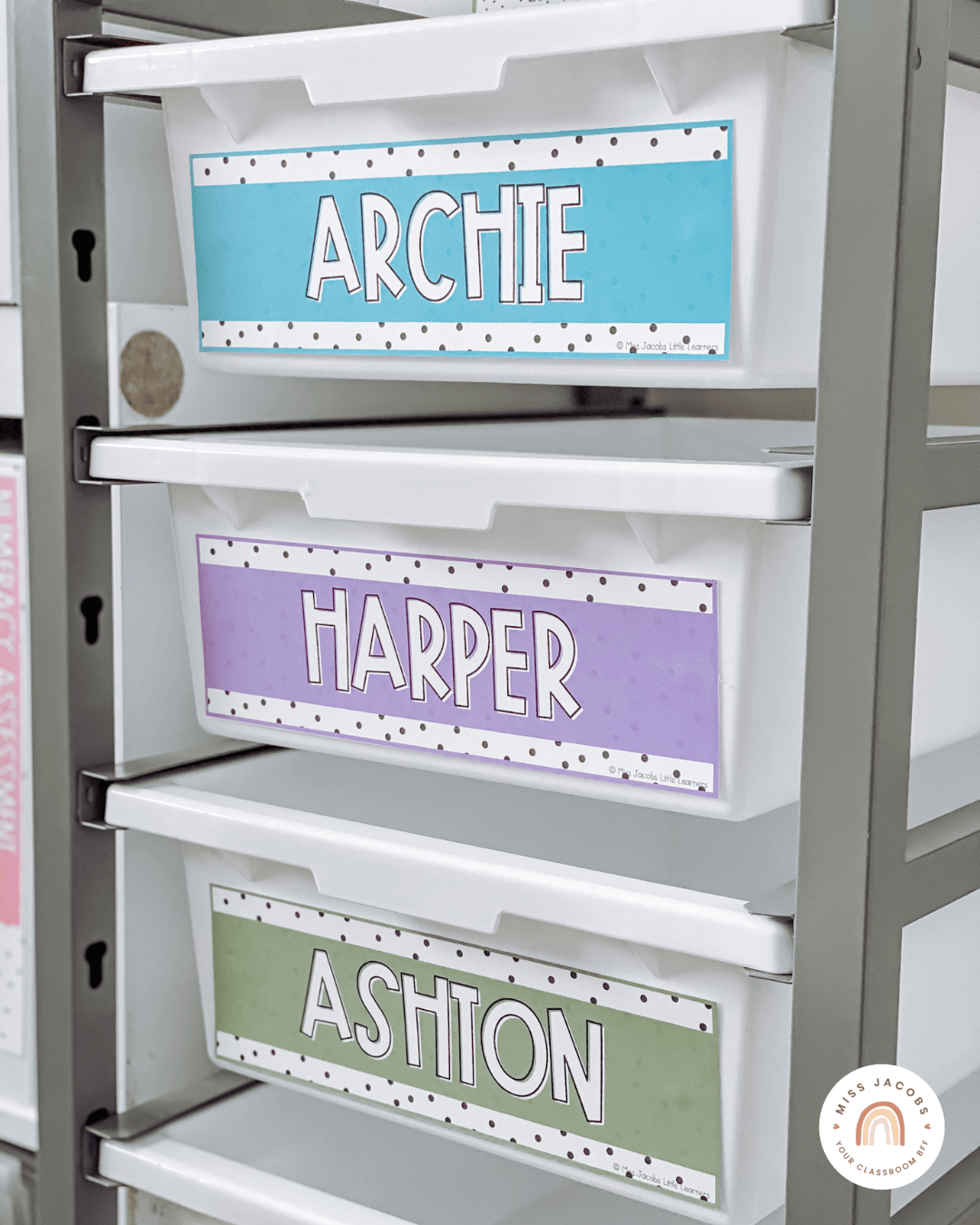 Two images show name tags on a desk, and on a series of white tubs on a trolley. The labels are in purple, blue and green with a spotted background.
