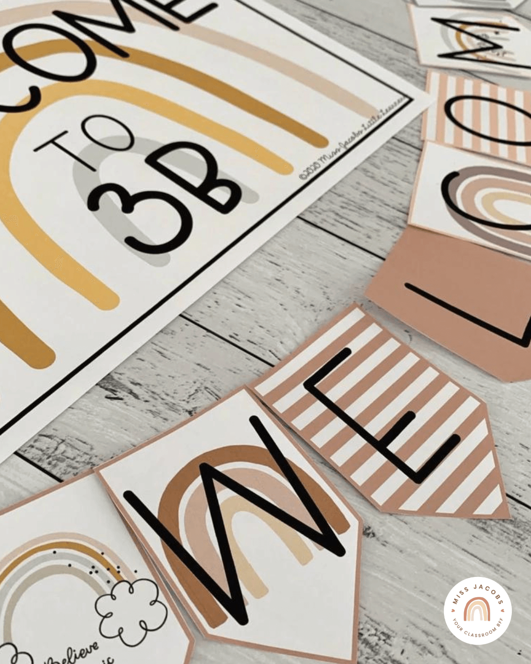 Two flatlay images show a range of name labels and welcome signs, all in earthy tones.