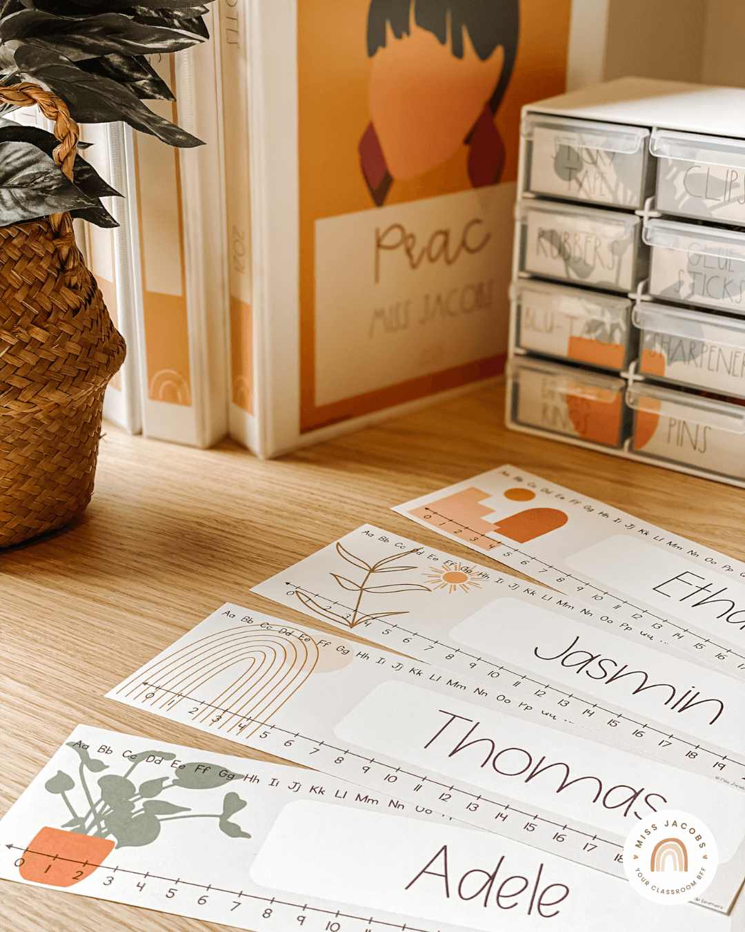 Two images show classroom labels and Google Slides in earthy tones, using the Boho Vibes range.