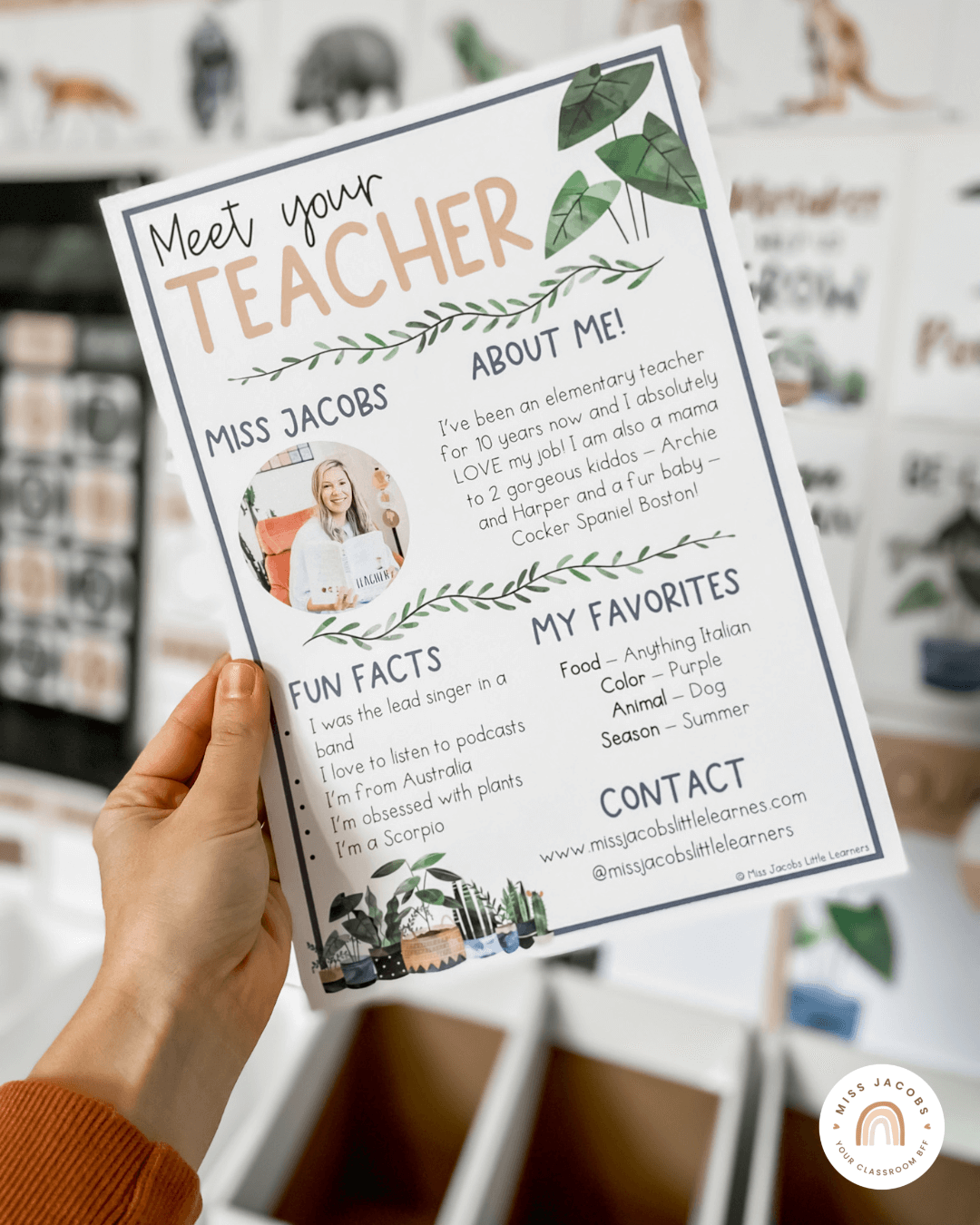 Two images show two varieties of the Meet Your Teacher templates - one in the boho rainbow range and another in the boho plants range.