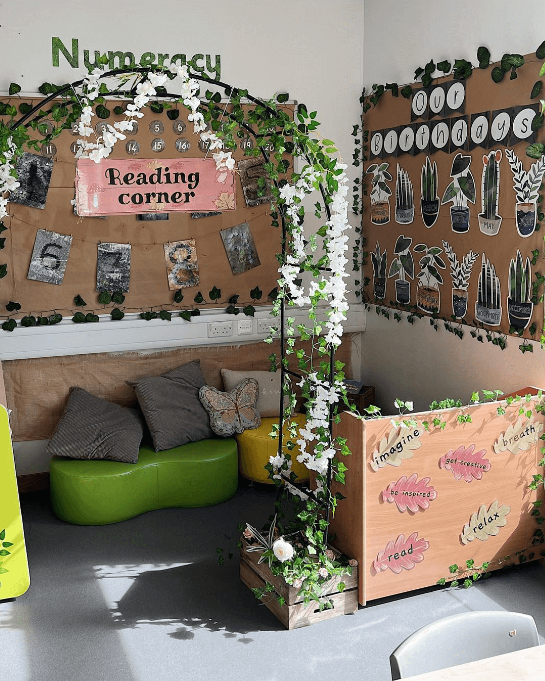 Two images show classroom displays one in the boho plants