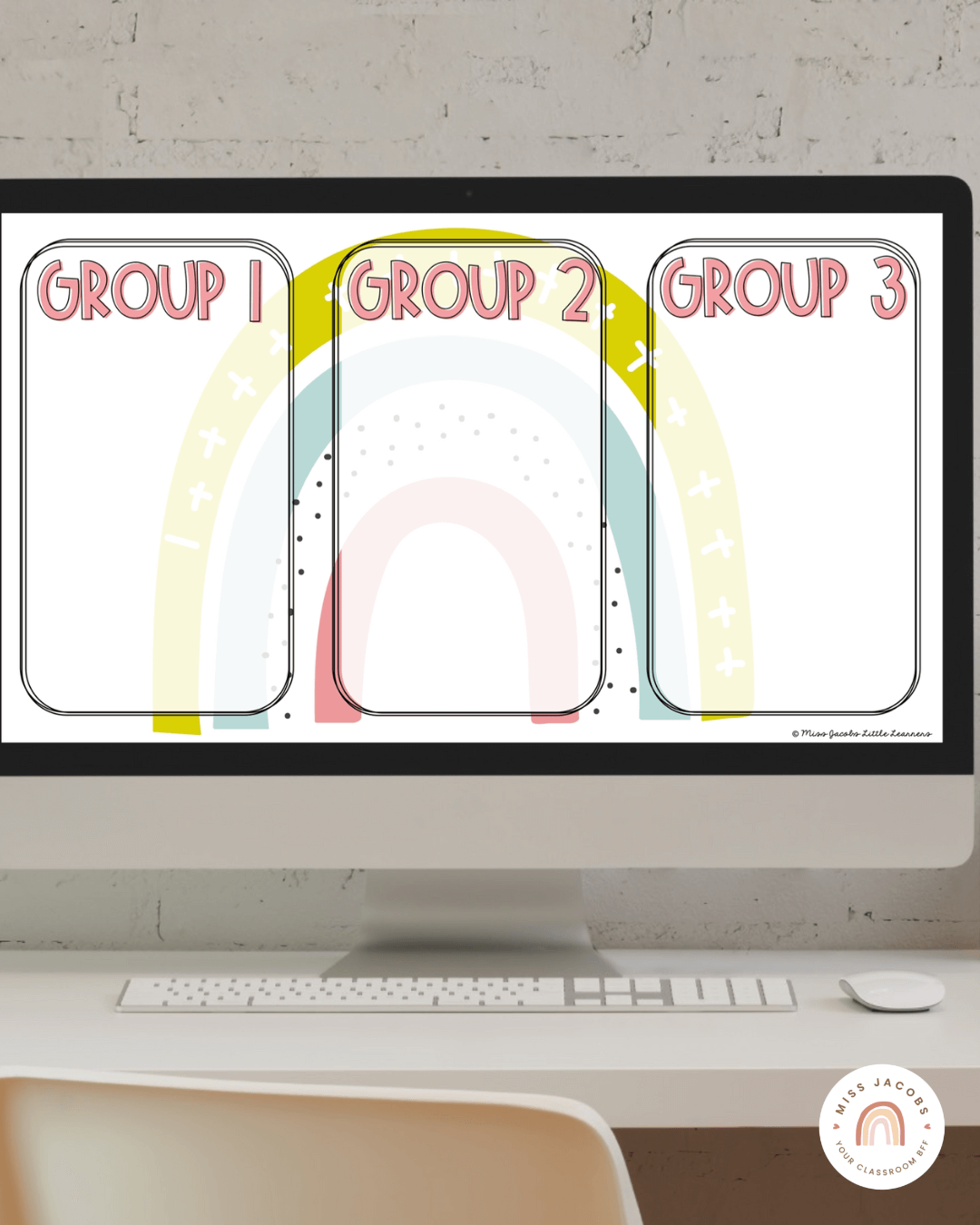 Two images show screenshots of the slides templates in the Modern Rainbow range. They feature varying shades of blue greens, lime and salmon tones, with a spotted background.