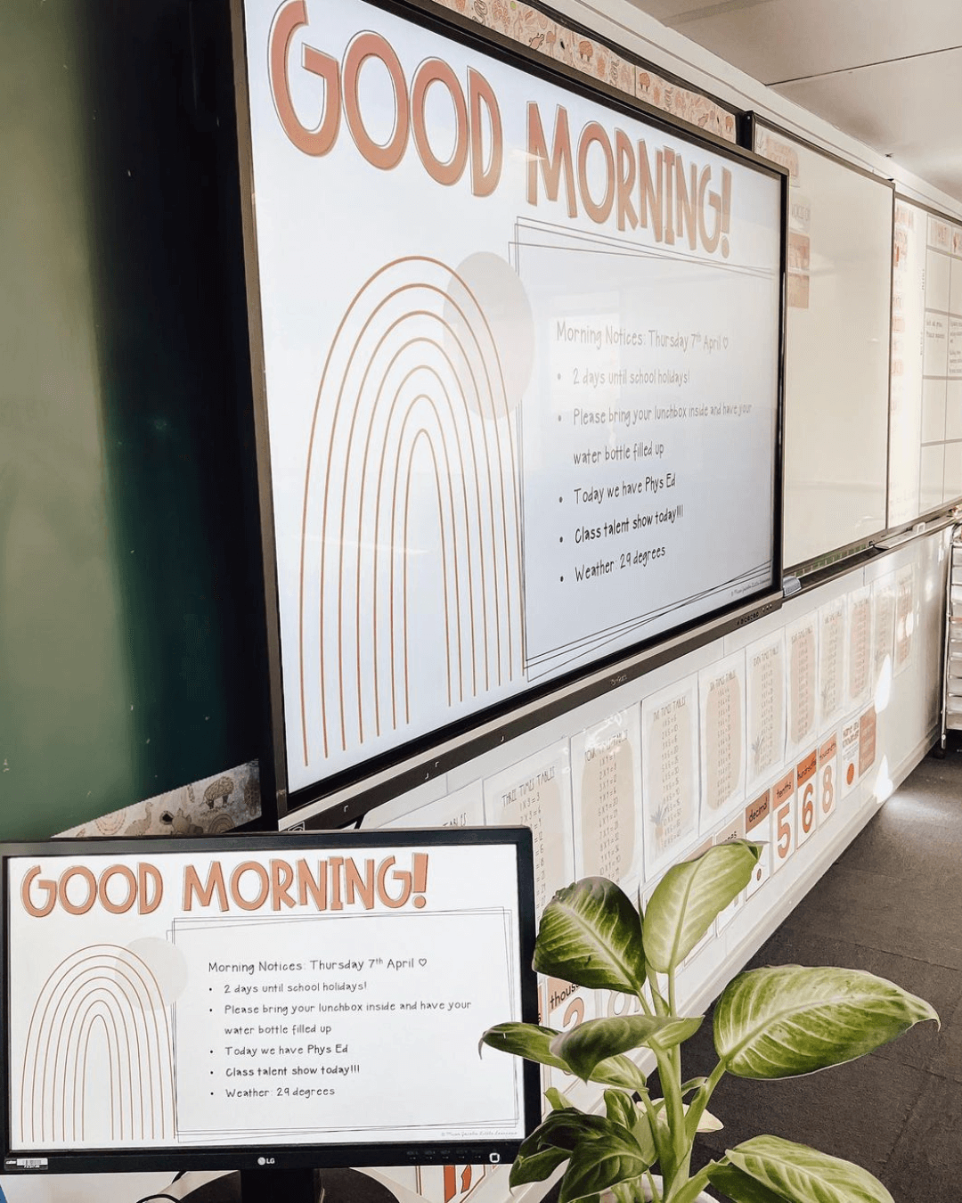 Two images show a screenshot of the Boho Vibes slides templates, one on a desk and the other in a classroom with a green wall and a plant in the foreground.