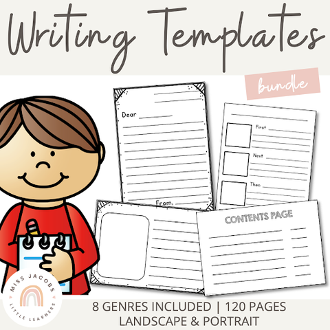 A cream graphic that reads ‘Writing Templates bundle,’ with example images of some of the templates included within the pack. An illustrated boy sits to the left of the graphic, with brown hair and a red long sleeved shirt.