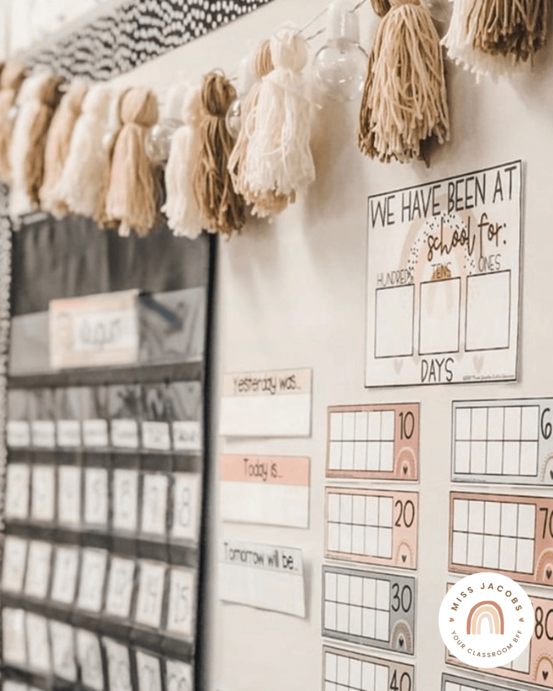 The left image shows the Modern Rainbow birthday display with a spotted black and white border, that’s pasted onto a wall with large white bricks. The right image shows a closeup of a whiteboard with similar tones from the Boho Rainbow range.