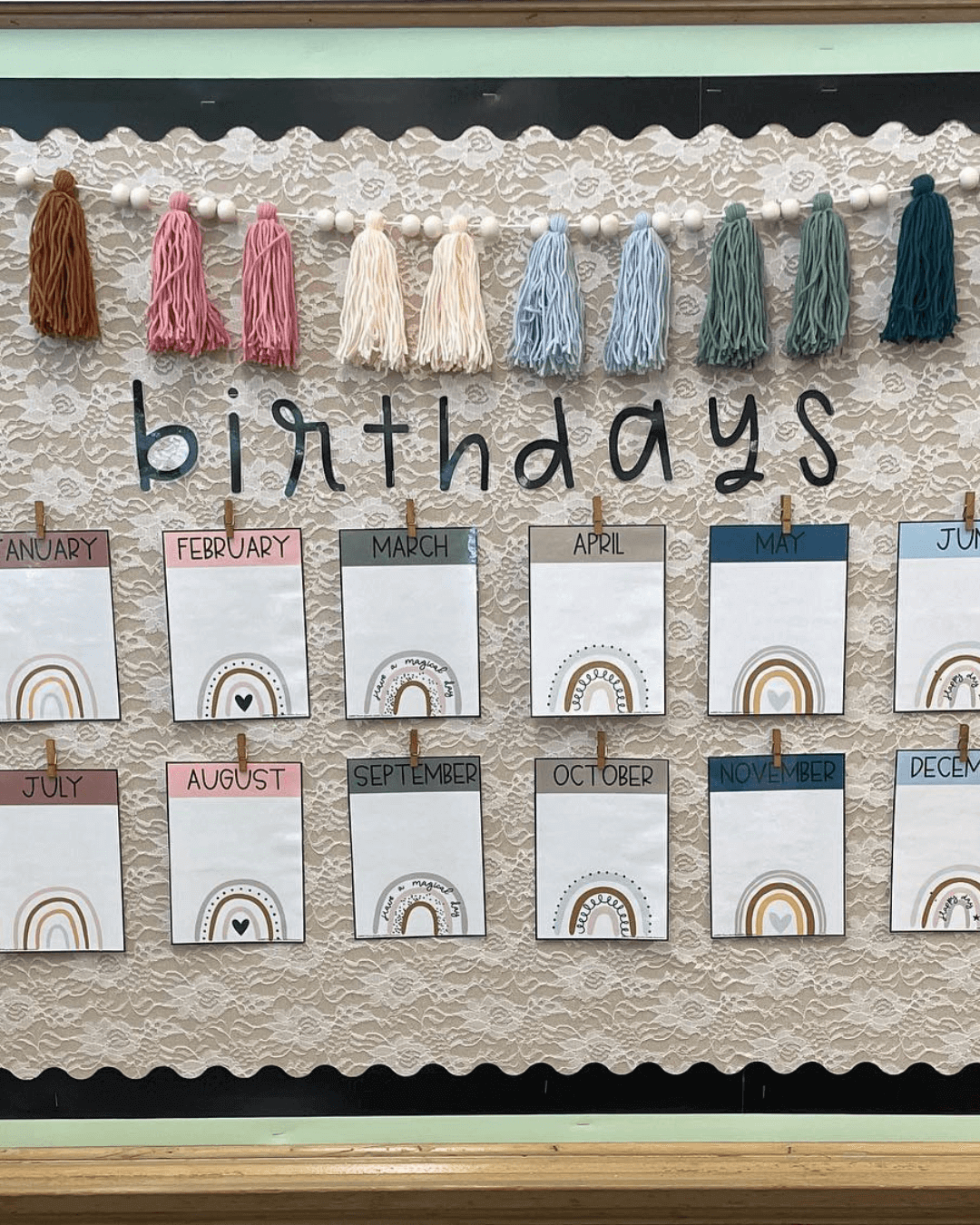The left image shows a birthday display on a lace background with woolen tassels handing above. The right image shows lots of small bags of Startburst lollies stapled to notes that read ‘I’m bursting’. The labels are from the Spotty Brights range.” style=