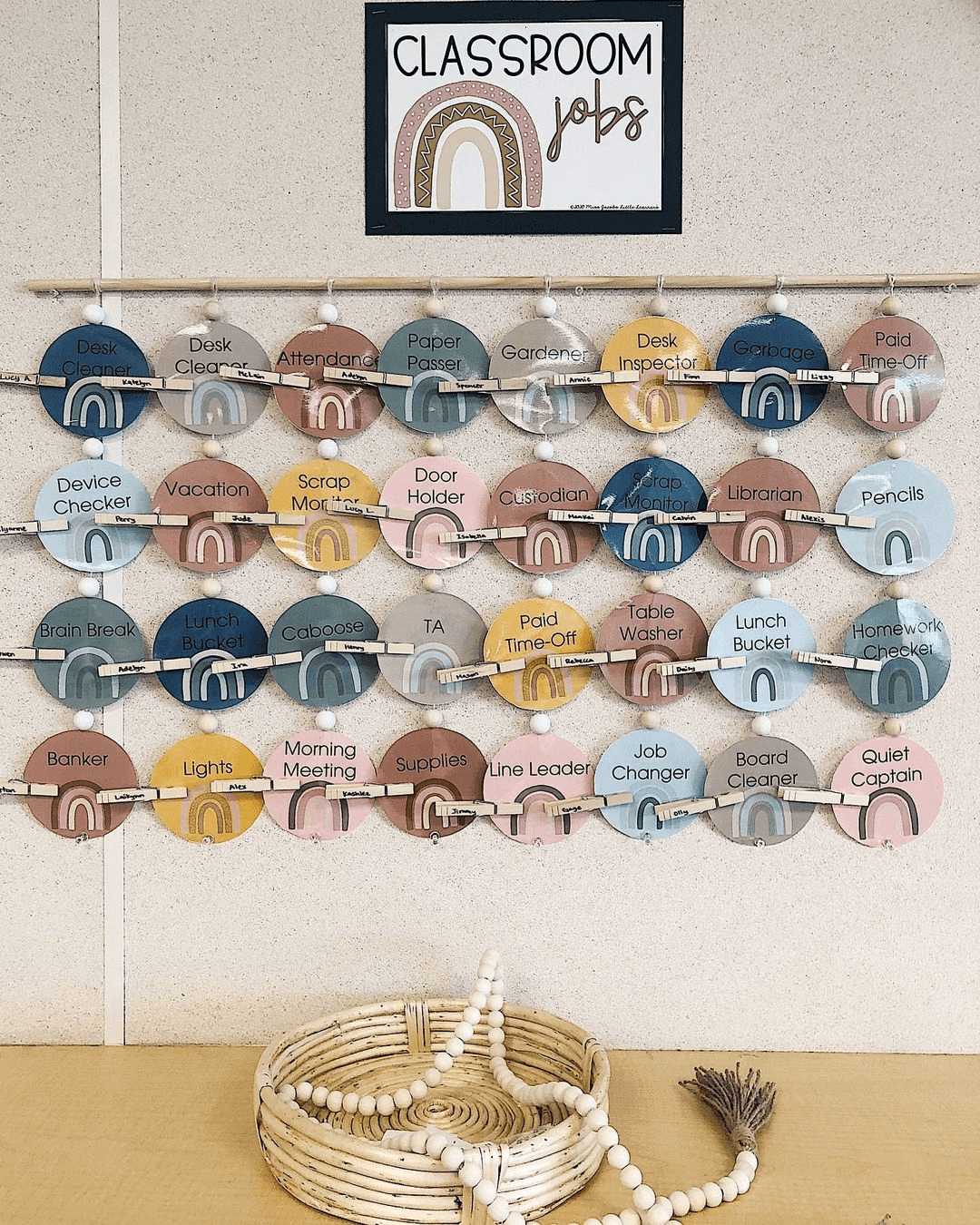 The left image shows rows of classroom jobs using labels in the Boho Rainbow range, with small pegs attached to each round label. The right image shows the Botanical Birthday Display affixed to a grey felt pinboard. It’s comprised of small round circles with the students’ names and botanical illustrations.” style=