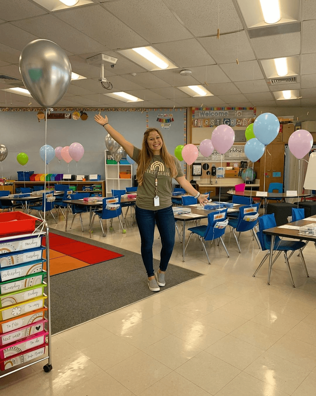 The left image shows a birthday display in bright primary colours, with bunting letters that spell out ‘celebrate.’ The left image shows a teacher in a big classroom, and each of the chairs have a helium balloon attached.