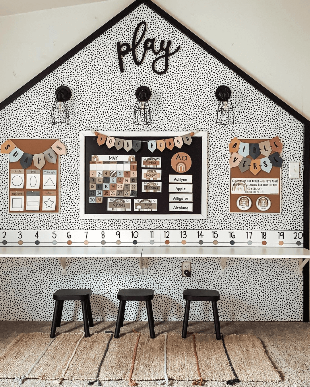 The left image shows a boho themed birthday display with black and white spotted wallpaper and fringed bunting in deep autumnal colours. The right image has three small stools and a long bench and the same spotted wallpaper in the shape of a house on the wall.