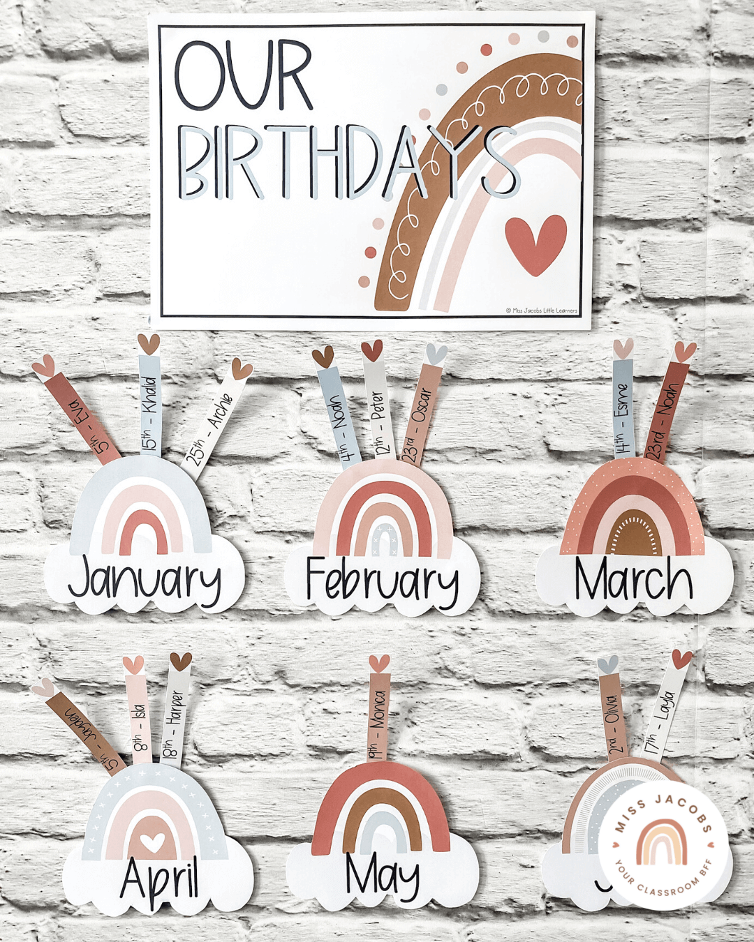 Two images show the Earthy Rainbow Birthday Display which consist of small rainbows with names that shoot out from the top like sunbeams. They’re stuck to a background that looks like painted white brick.” style=