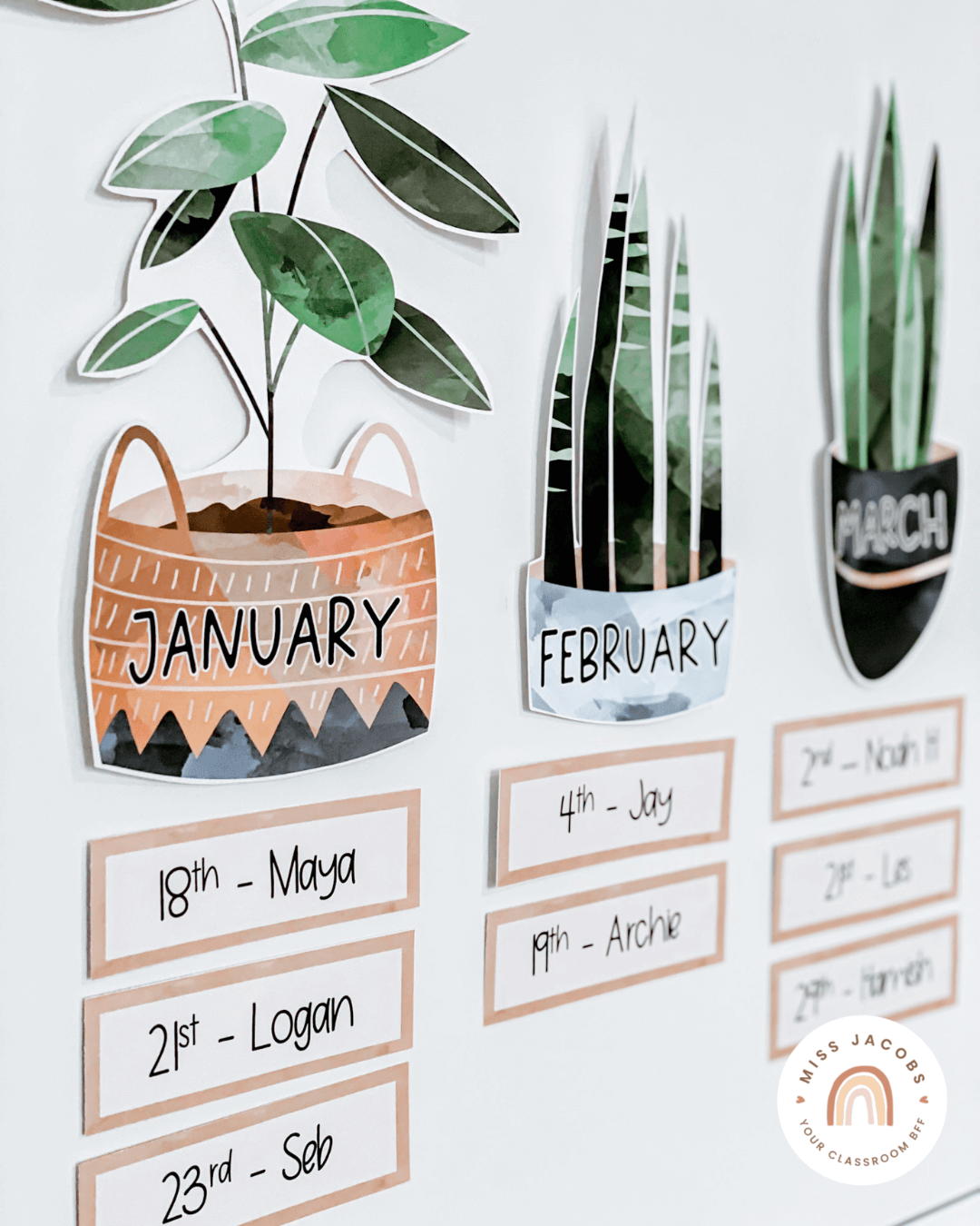 Two images show items from the Boho Plants Birthday display. The left is the image printed and pinned onto a whiteboard, the right is the digital mockup. The display has illustrations of plants in green and earthy tones” style=