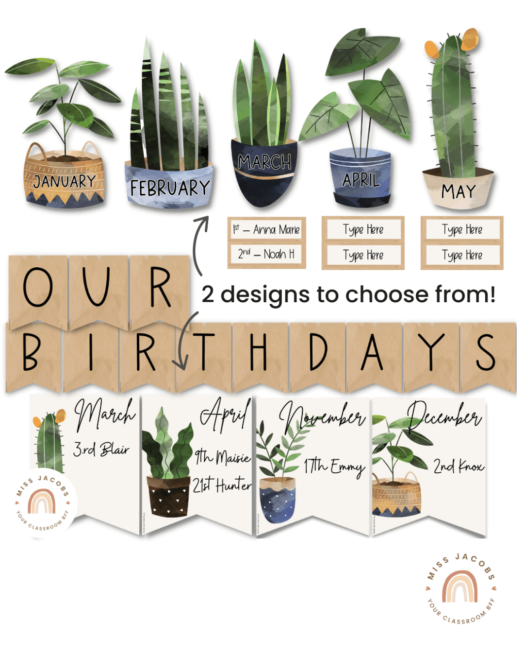 Two images show items from the Boho Plants Birthday display. The left is the image printed and pinned onto a whiteboard, the right is the digital mockup. The display has illustrations of plants in green and earthy tones