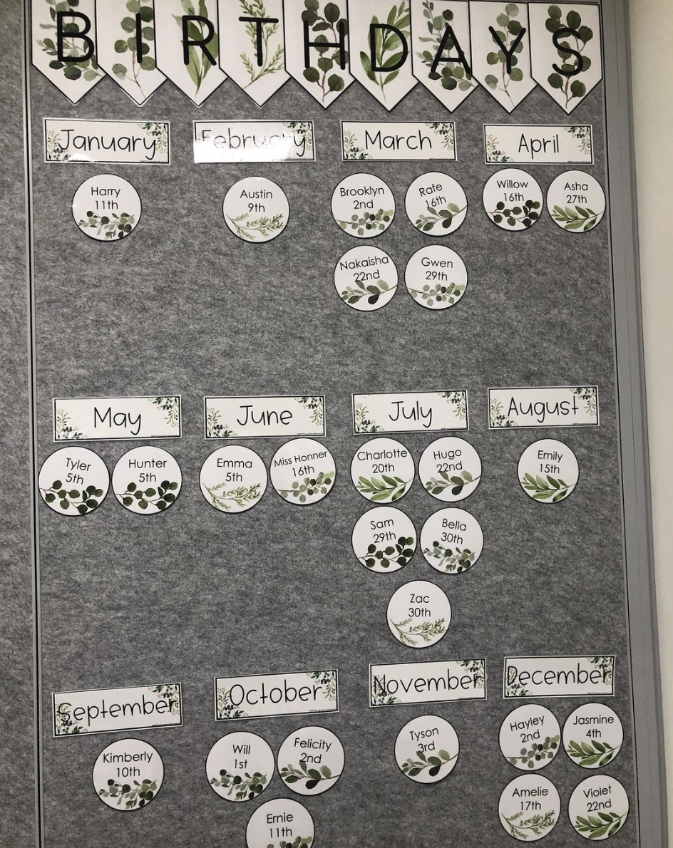 The left image shows rows of classroom jobs using labels in the Boho Rainbow range, with small pegs attached to each round label. The right image shows the Botanical Birthday Display affixed to a grey felt pinboard. It’s comprised of small round circles with the students’ names and botanical illustrations.