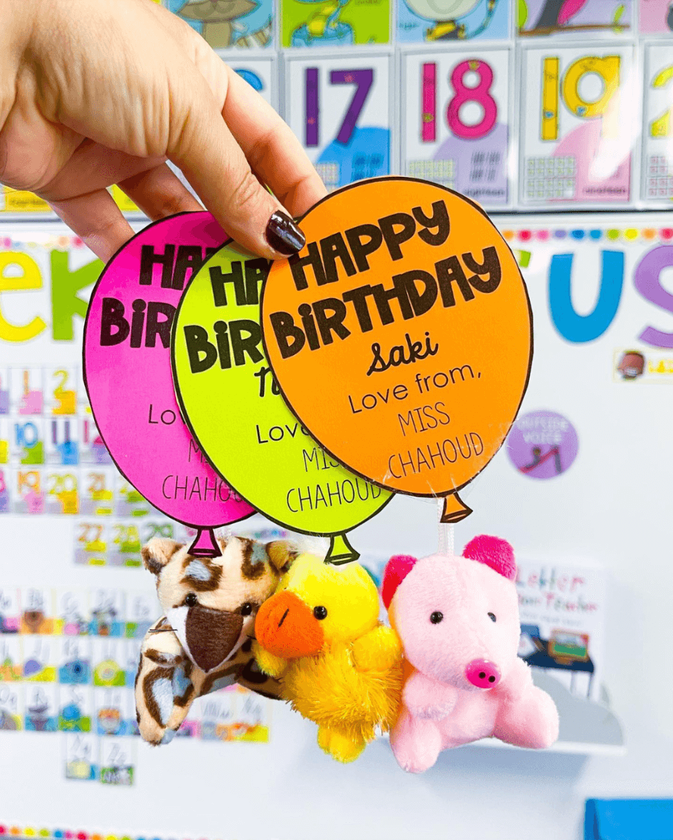 The left image shows the happy birthday balloon labels,  affixed to customised colourful drink bottles. The right-hand image shows the same balloons tied to small plushie toys including a leopard, a duck and a pig.