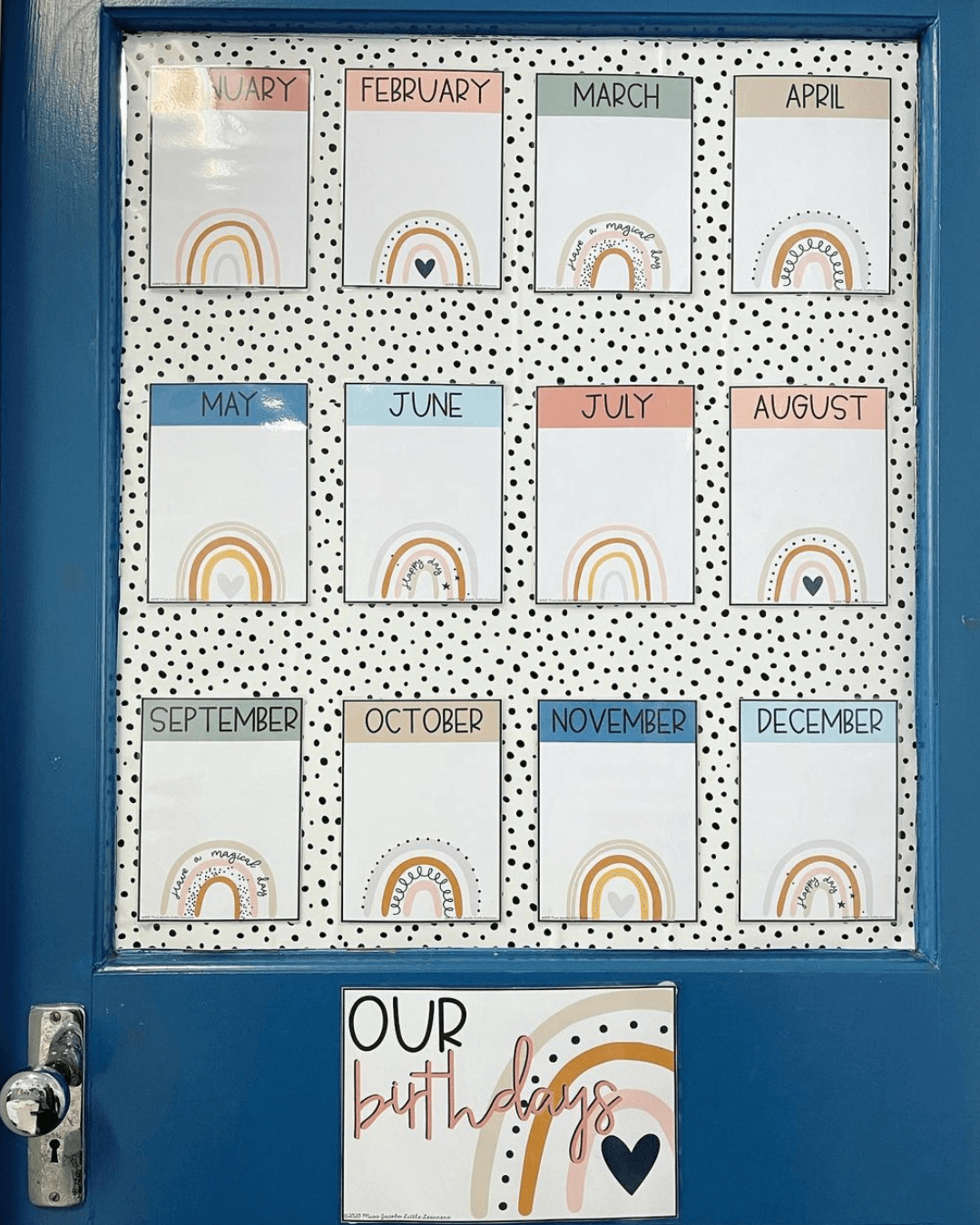 Two images appear side by side. The left is a cobalt blue door with small posters for each month of the year. The posters are in muted, earthy  rainbow tones and have a small rainbow at the bottom. There’s another sign that says ‘Our Birthdays.’  They’re backed by a spotted paper background.” style=