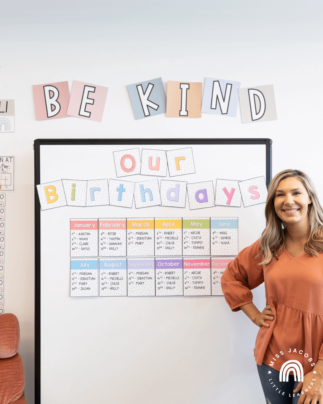 Two images show a pastel-coloured birthday display, the right-hand image also shows Chantelle in front of the display wearing a rust-coloured top.