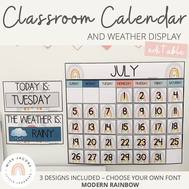 Modern Rainbow Classroom Calendar Editable Bilingual Friendly