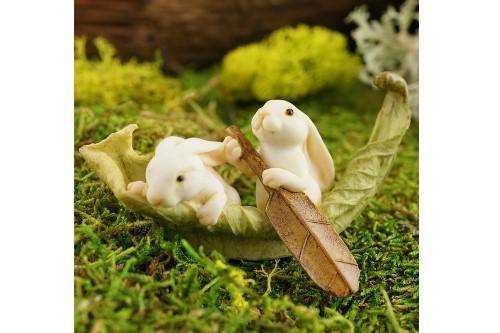 Boating Bunny Buddies, Two Bunnies in a Little Leaf Boat, Easter Bunnies,  Fairy Bunnies, the Fairy Garden, UK Fairy Garden 