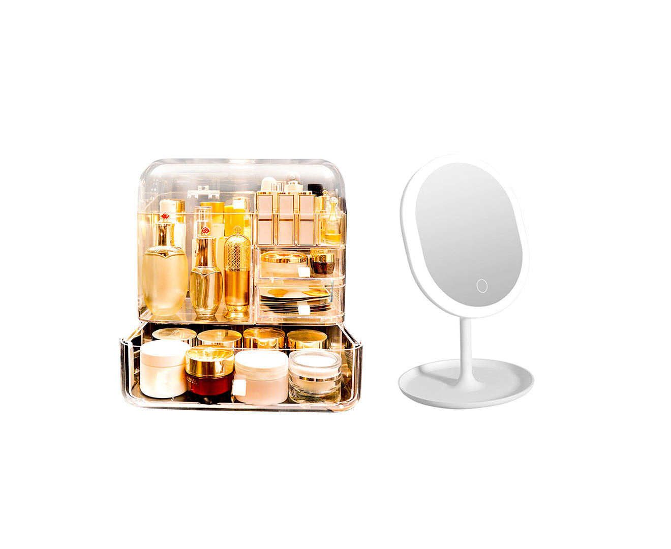 SOGA Transparent Cosmetic Storage Skincare Holder and 20cm White Rechargeable LED Light Makeup Tabletop Mirror Set - Deals499