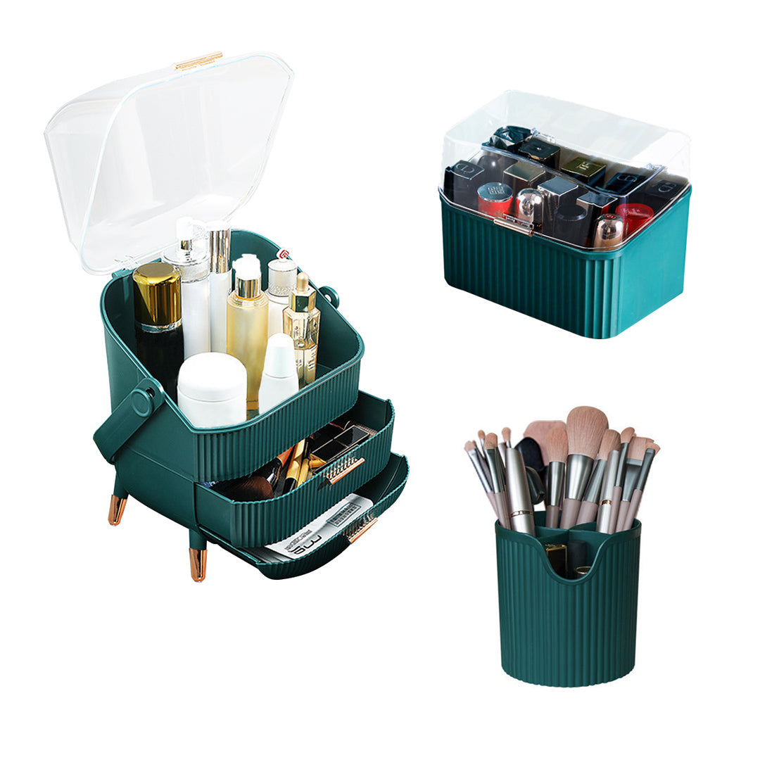 SOGA Green Cosmetic Jewelry Storage Organiser Set Makeup Brush Lipstick Skincare Holder Jewelry Storage Box with Handle - Deals499