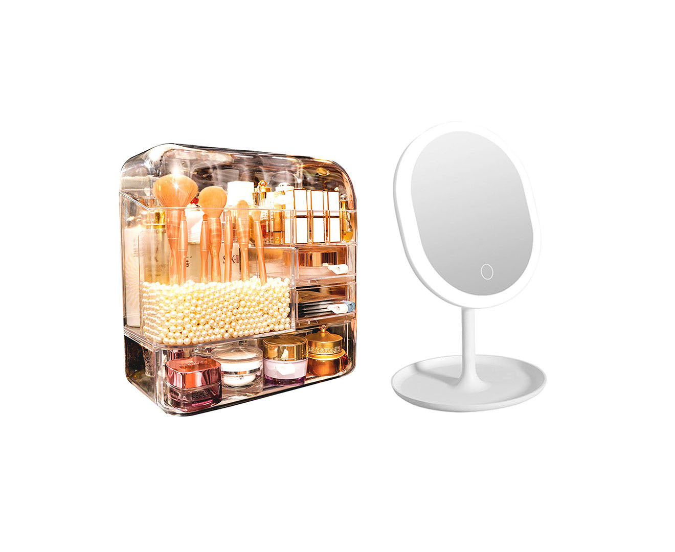 SOGA Transparent Cosmetic Storage with Pearls Skincare Holder and 20cm White Rechargeable LED Light Makeup Tabletop Mirror Set - Deals499