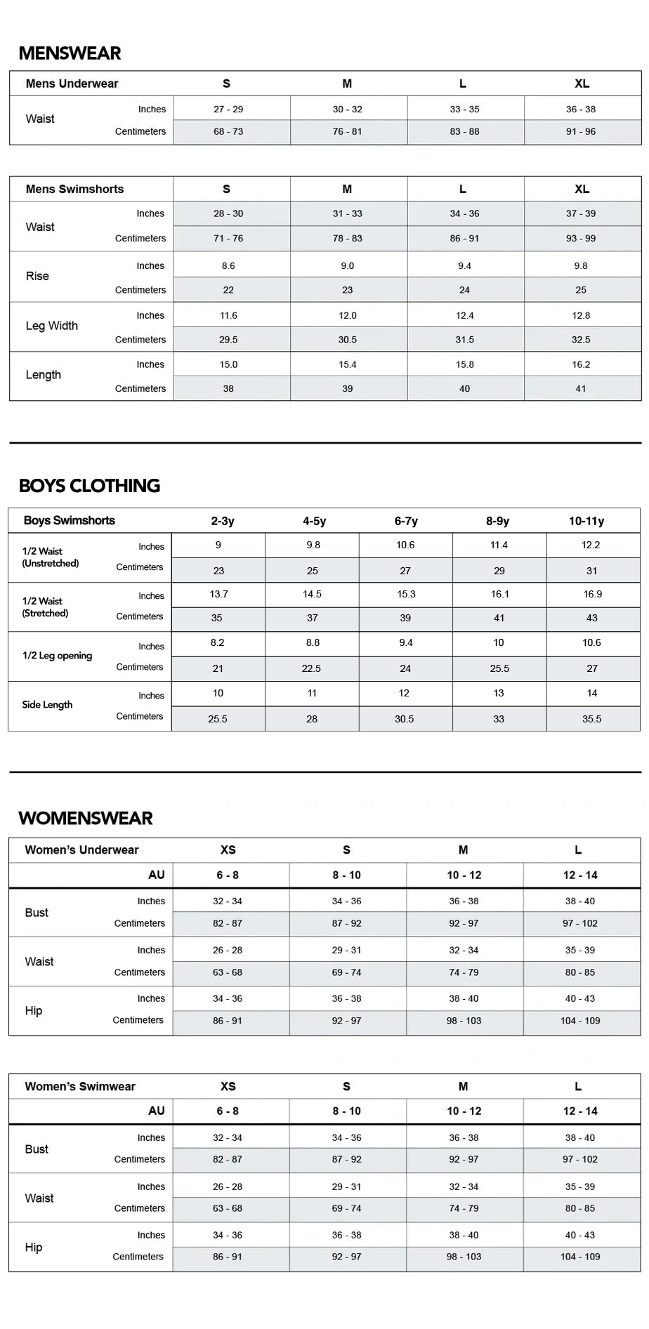 Mosmann Australia Size Chart