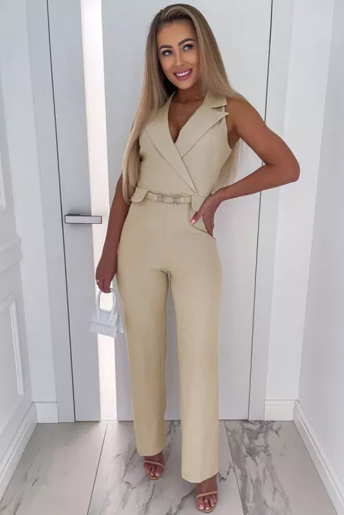 Apricot Lapel Wrapped Sleeveless High Waist Jumpsuit with Belt
1318