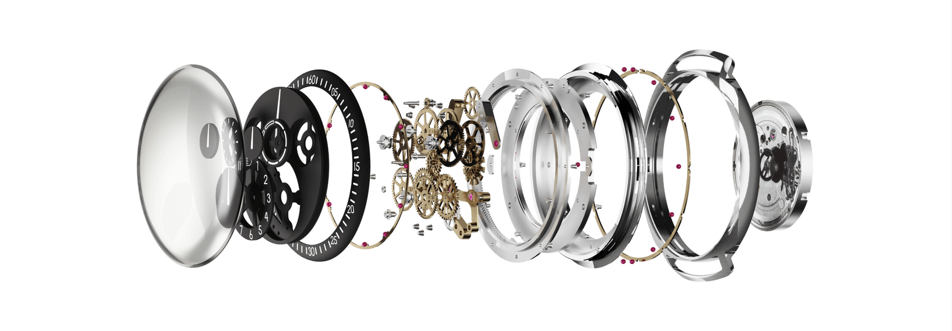 Exploded view of a Ressence watch. These are mechanical sculptures driven by "normal" base movements. 