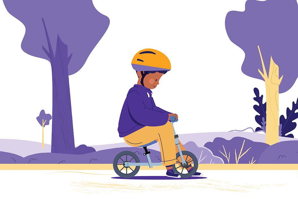 Illustration eines Kindes auf einem Fahrrad das zu klein ist