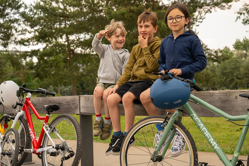 Drei Kinder sitzen mit ihren Kinderfahrrädern auf einem Zaun im Park