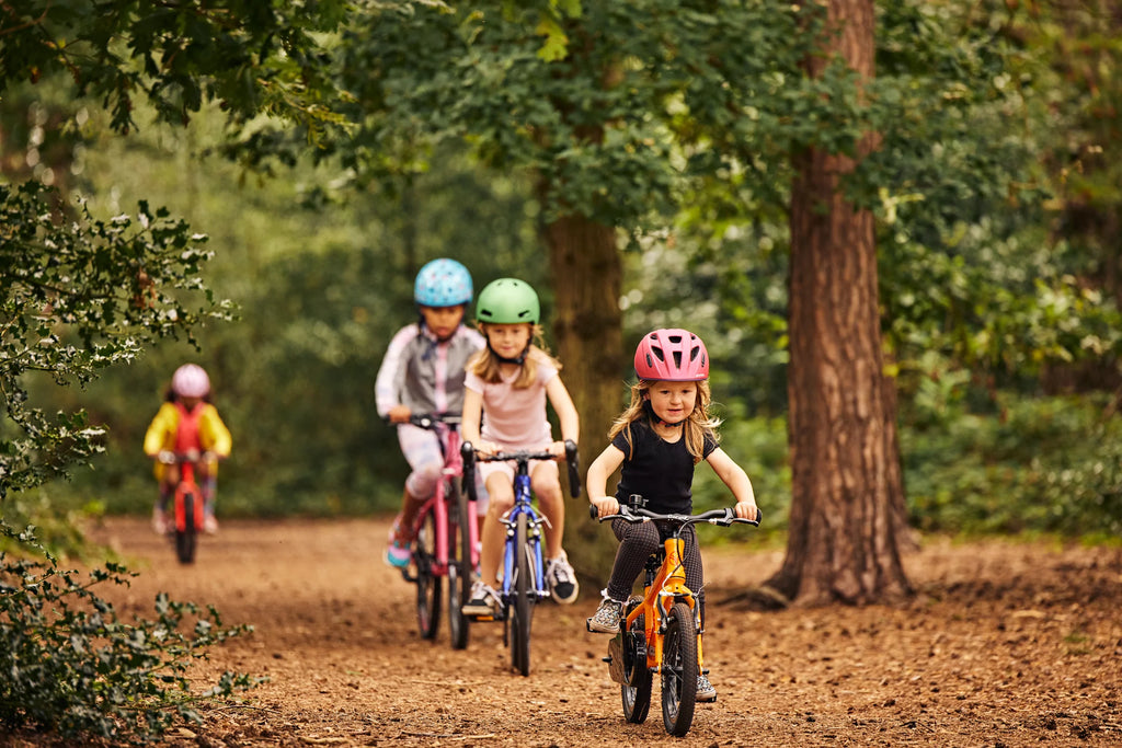 Vier Kinder fahren hintereinander auf ihren mitwachsenden Kinderfahrrädern durch den Wald