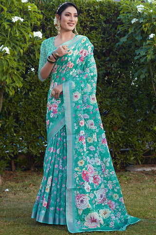 Cyan Color Cotton Cotton Silk Fabric Beatific Festive Look Saree